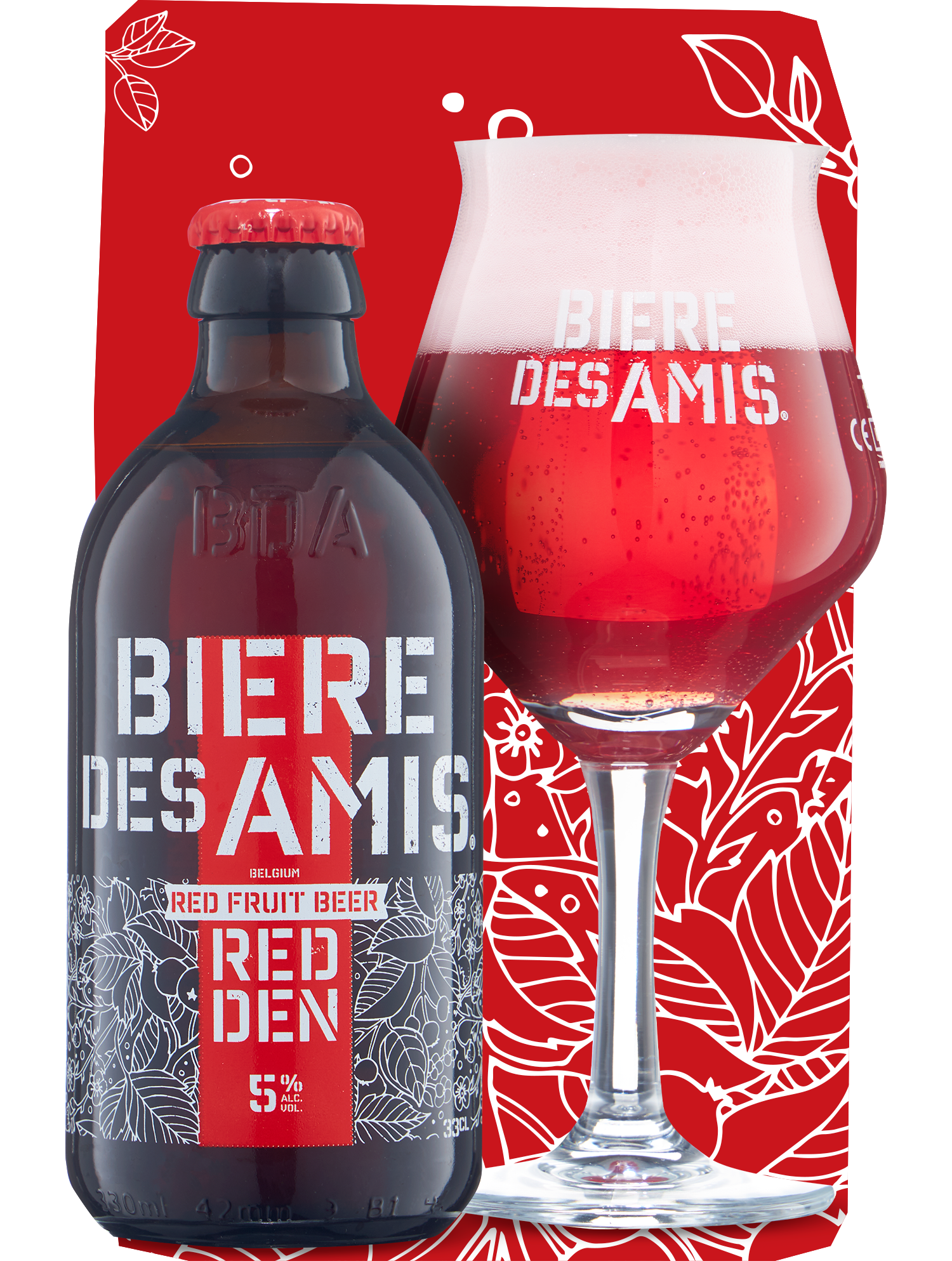 Packshot d'une bouteille de bière des amis Redden (5% Alc.) 33cl et son verre conique rempli